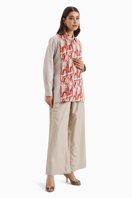 Taupe Cotton Red Marine Mood Panel Shirt