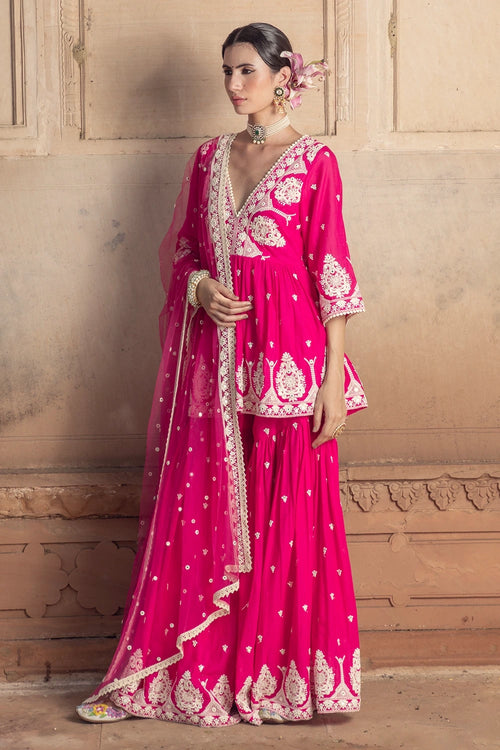 Hot Pink all-over Embroidered Tower Sharara with Dupatta