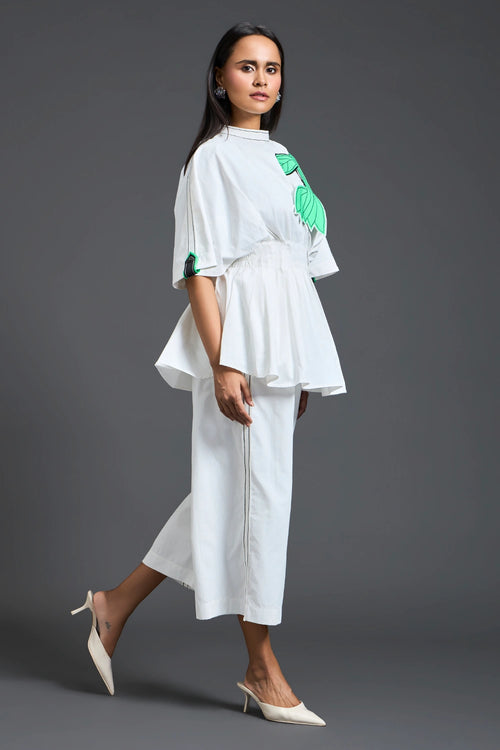 White Smocked Floral Peplum Co-ord Set