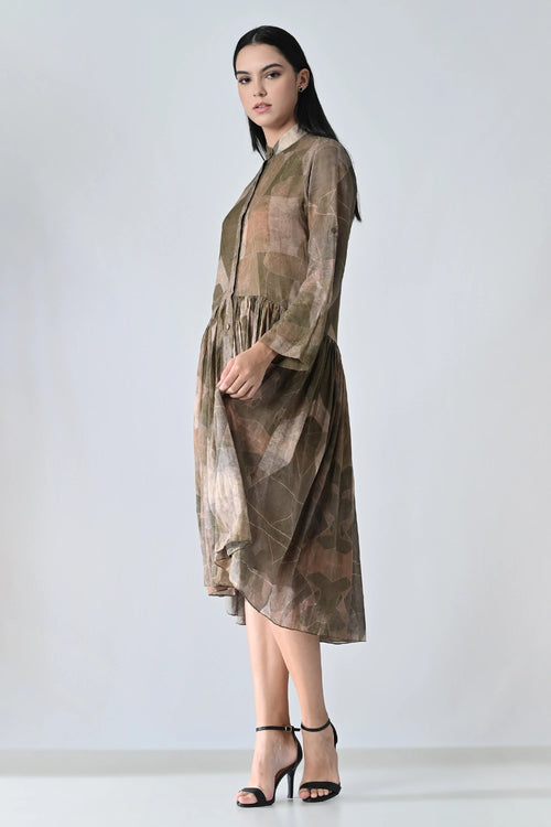 Beige Earth Muse Gathered Waistline Printed Dress