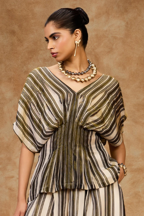 Olive Striped V-Neck Top