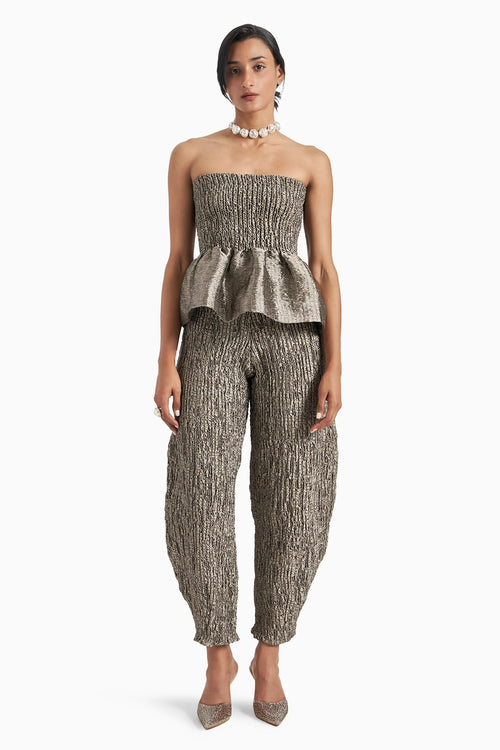 Silver Strapless Babydoll Top With Sculpt Pants