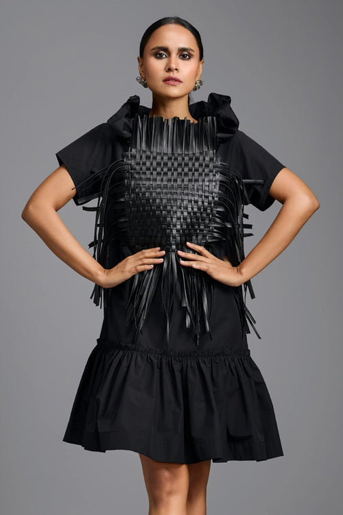 Black Sculptural Dress with Woven Leather Front Panel
