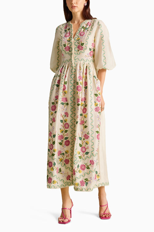 Ivory Floral Vines Midi Dress