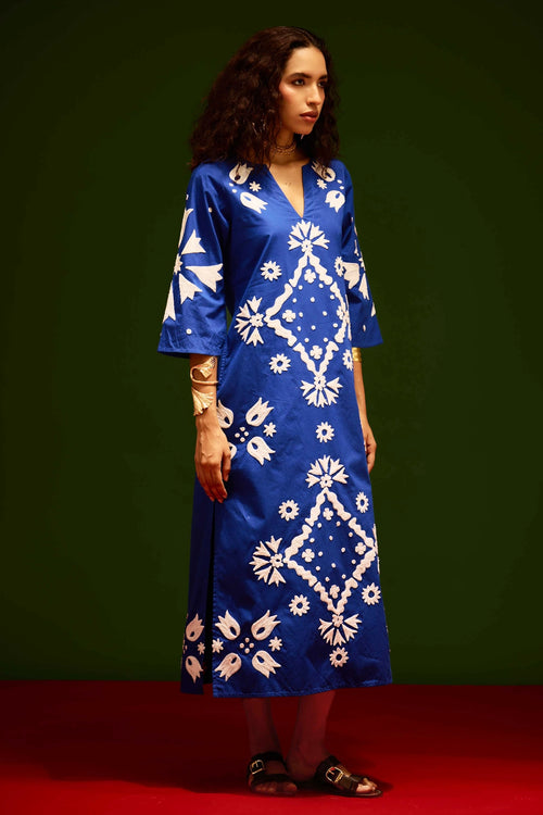 Blue Cotton Maxi Dress with Thread Embroidery
