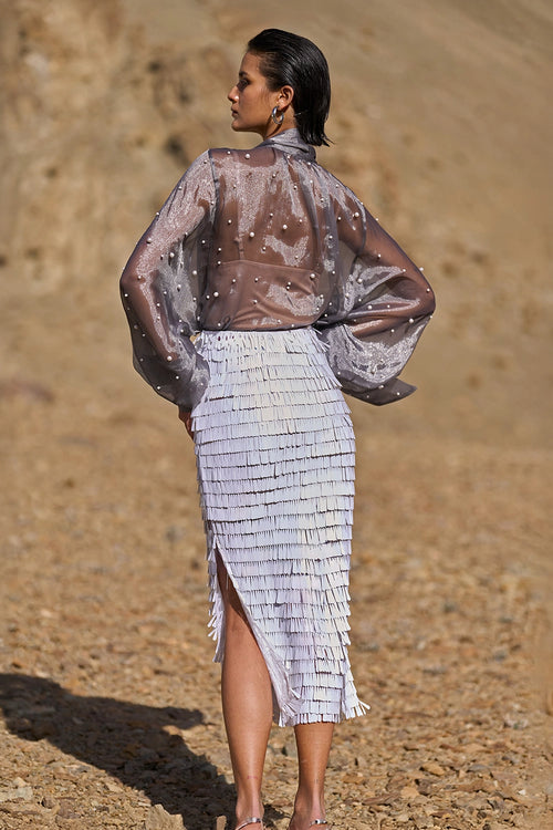 Pearl Embroidered Lamé Blouse and Cascading Teardrop Sequin Skirt
