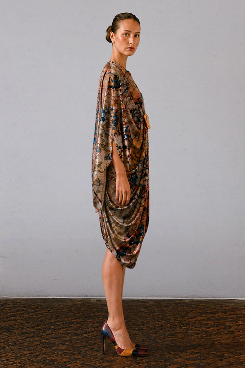 Floral Draped Silk Crepe Midi Dress