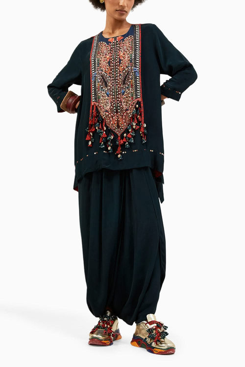 Deep Teal Mitra Short Kurta with Drap Trouser Set