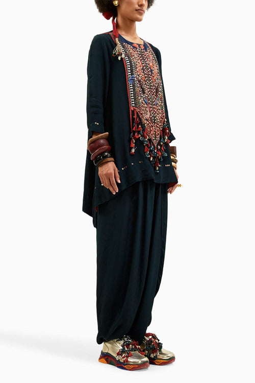 Deep Teal Mitra Short Kurta with Drap Trouser Set