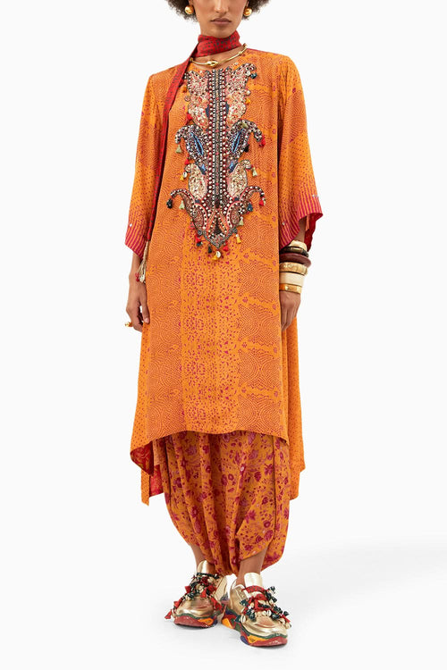Yellow Topaz Mitra Long  Kurta with Drape Trouser Set
