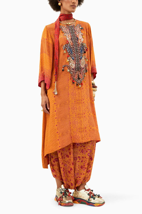 Yellow Topaz Mitra Long  Kurta with Drape Trouser Set