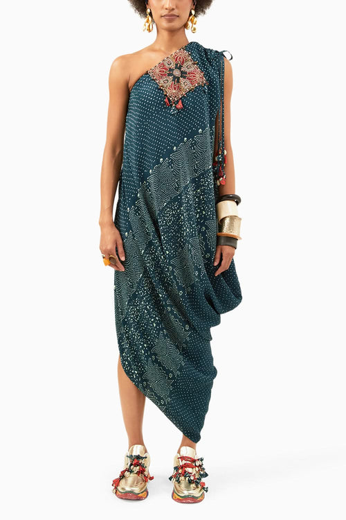 Deep Teal Rasa Dot One Shoulder Dress