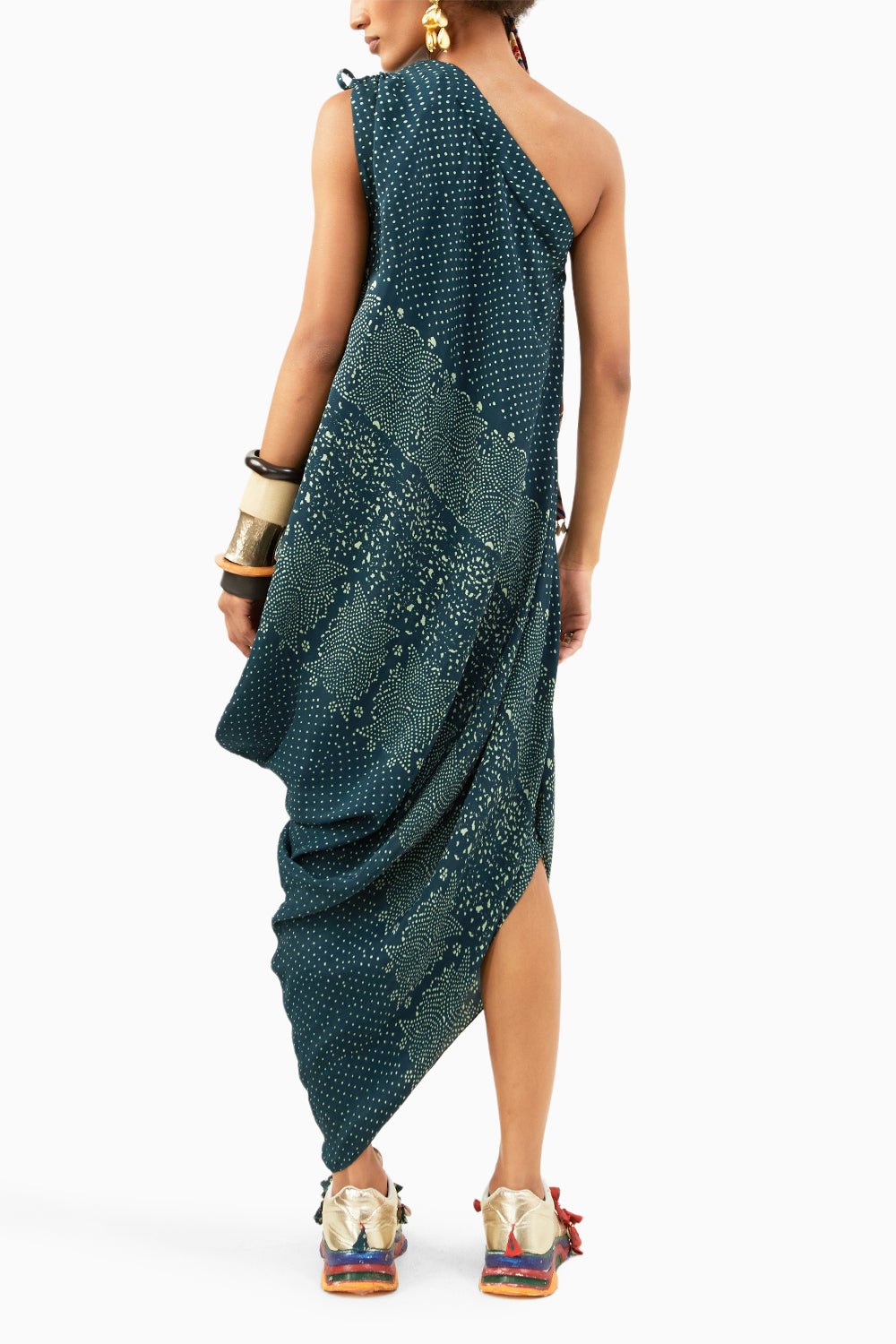 Deep Teal Rasa Dot One Shoulder Dress