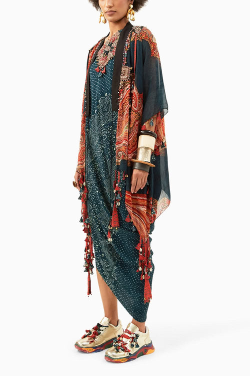 Deep Teal Rasa Dot One Shoulder Dress And Jacket