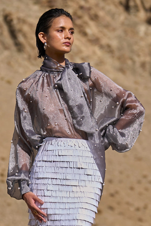 Pearl Embroidered Lamé Blouse and Cascading Teardrop Sequin Skirt