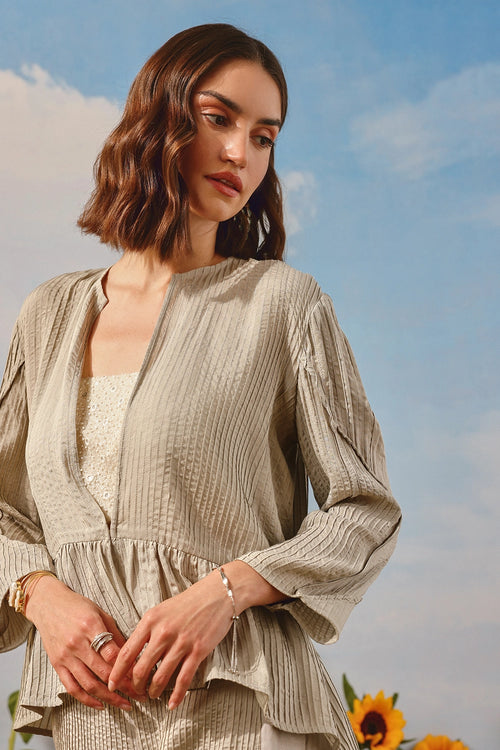 Frosted Chrome Pintuck Bandeau & Peplum Jacket With Palazzos