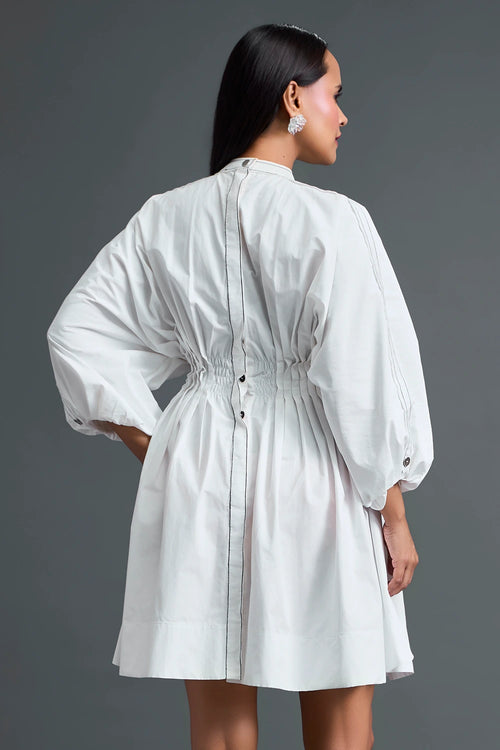 White Gathered Dress with Metallic Patch