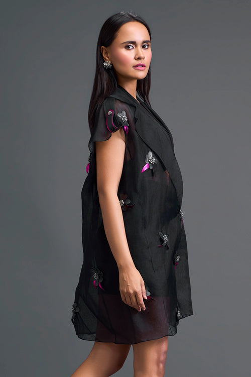 Black Floral Organza Blazer Dress Three-Piece Set