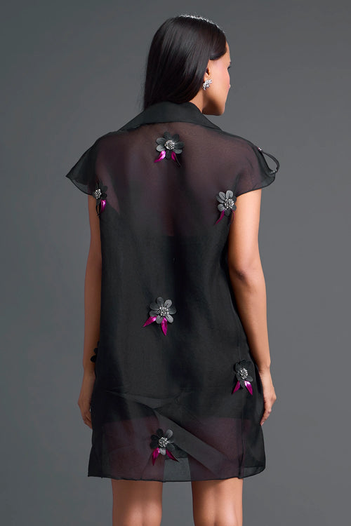 Black Floral Organza Blazer Dress Three-Piece Set
