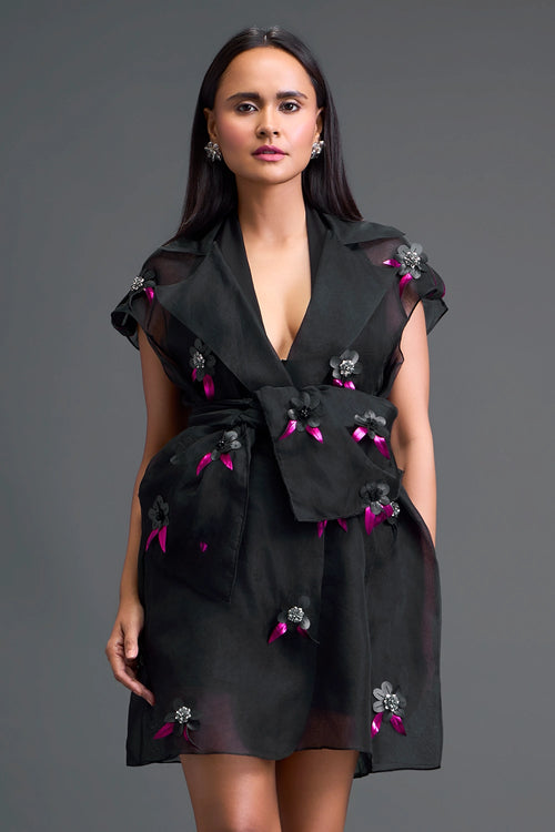 Black Floral Organza Blazer Dress Three-Piece Set
