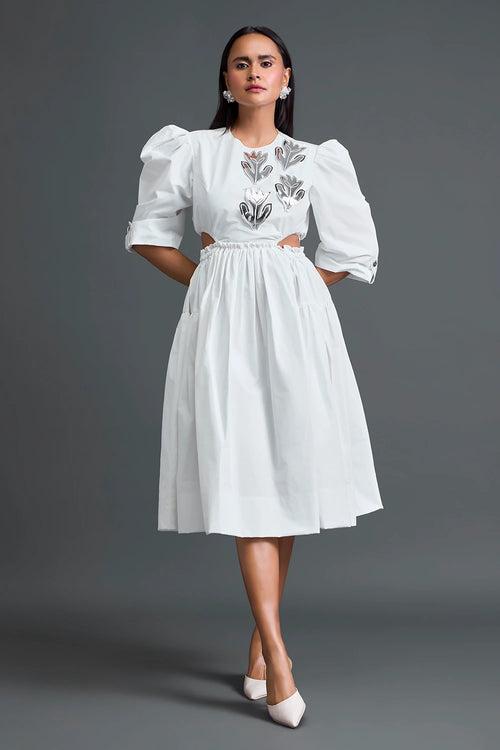 White Open-Back Floral Puff Sleeve Midi Dress