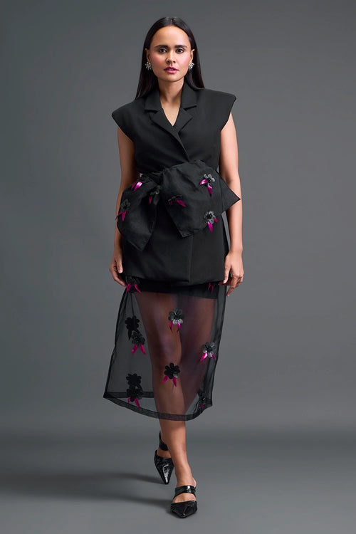 Black Sleeveless Blazer and Floral Organza Skirt Set