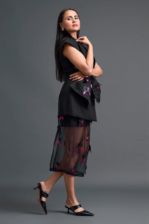 Black Sleeveless Blazer and Floral Organza Skirt Set