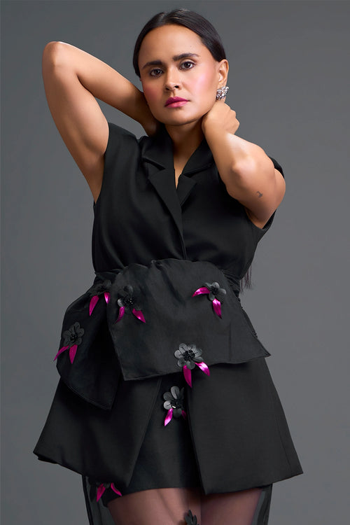 Black Sleeveless Blazer and Floral Organza Skirt Set