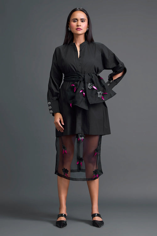 Black Bow-Belt Shirt Dress and Floral Organza Skirt
