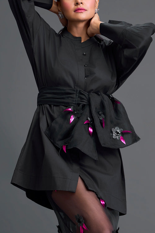 Black Bow-Belt Shirt Dress and Floral Organza Skirt