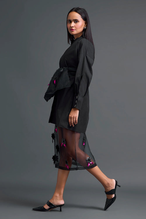 Black Bow-Belt Shirt Dress and Floral Organza Skirt