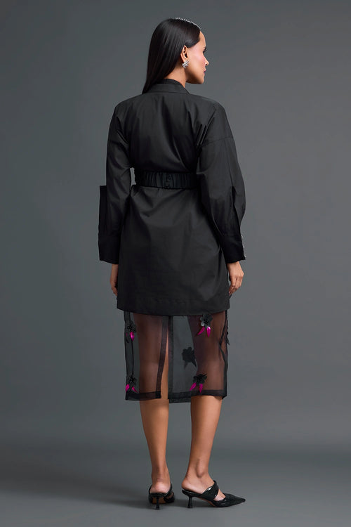 Black Bow-Belt Shirt Dress and Floral Organza Skirt