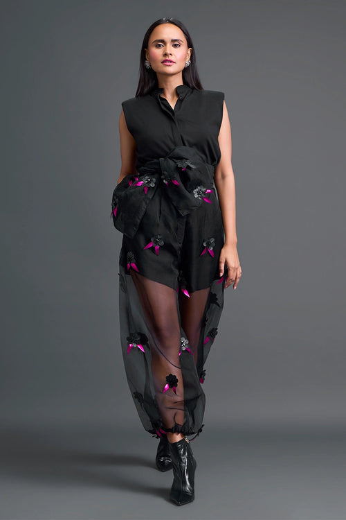 Black Floral Organza Pants with Embellished Bow Belt