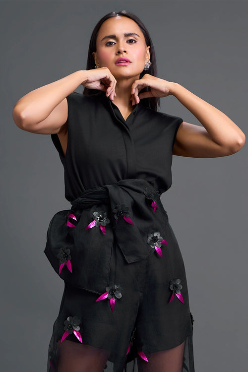 Black Floral Organza Pants with Embellished Bow Belt