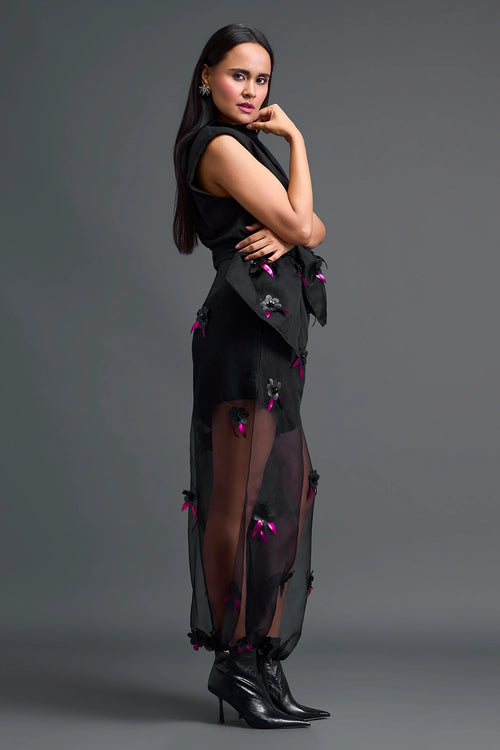Black Floral Organza Pants with Embellished Bow Belt