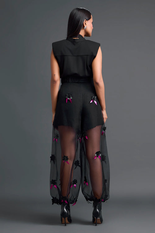 Black Floral Organza Pants with Embellished Bow Belt