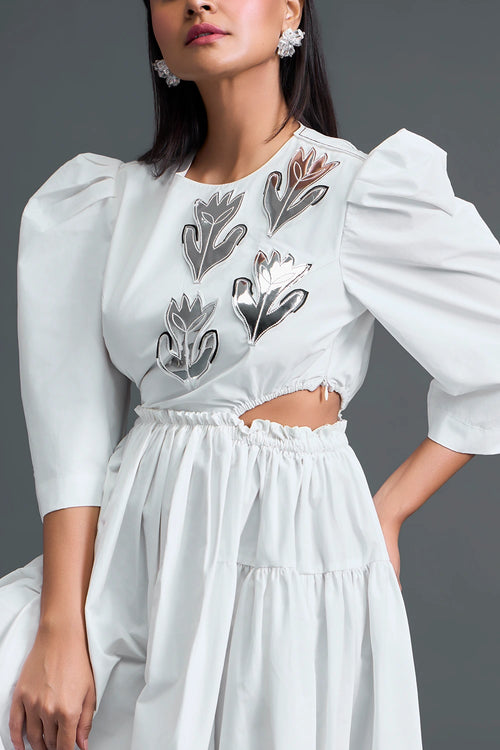 White Open-Back Floral Puff Sleeve Midi Dress