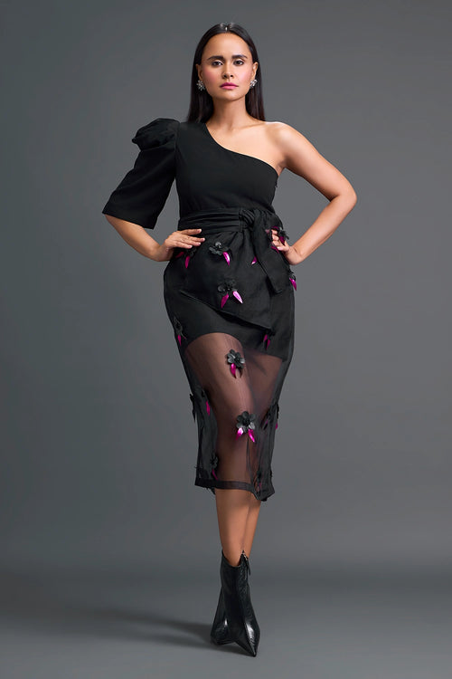 Black 3D Floral Organza Skirt with Pink Accents