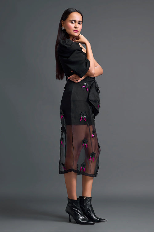 Black 3D Floral Organza Skirt with Pink Accents