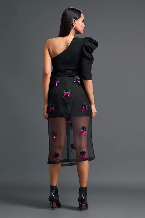 Black 3D Floral Organza Skirt with Pink Accents