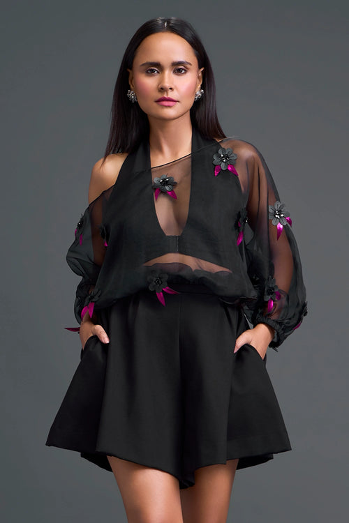 Black Off-Shoulder Floral Organza Shirt and Shorts Set