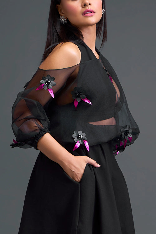 Black Off-Shoulder Floral Organza Shirt and Shorts Set