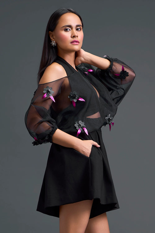 Black Off-Shoulder Floral Organza Shirt and Shorts Set