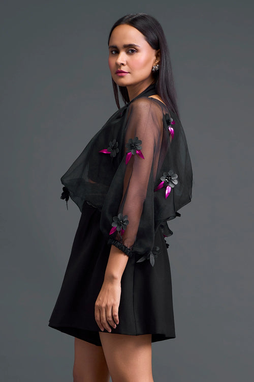 Black Off-Shoulder Floral Organza Shirt and Shorts Set