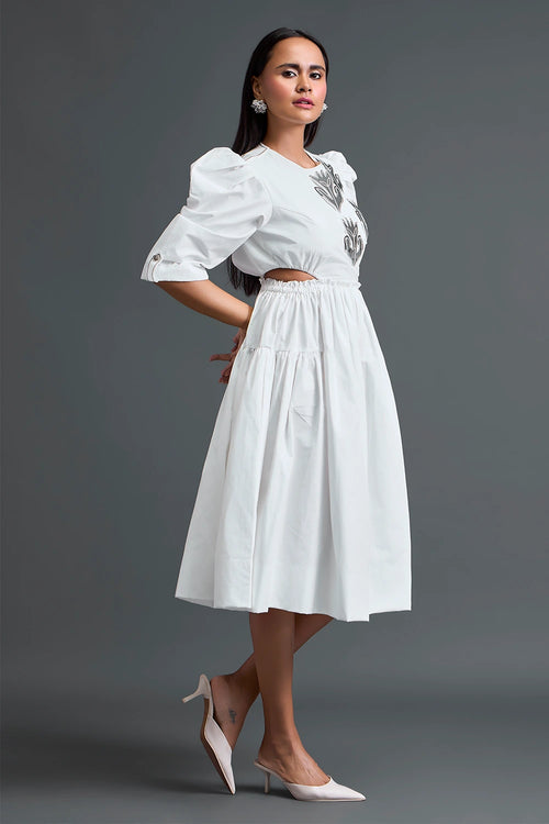 White Open-Back Floral Puff Sleeve Midi Dress