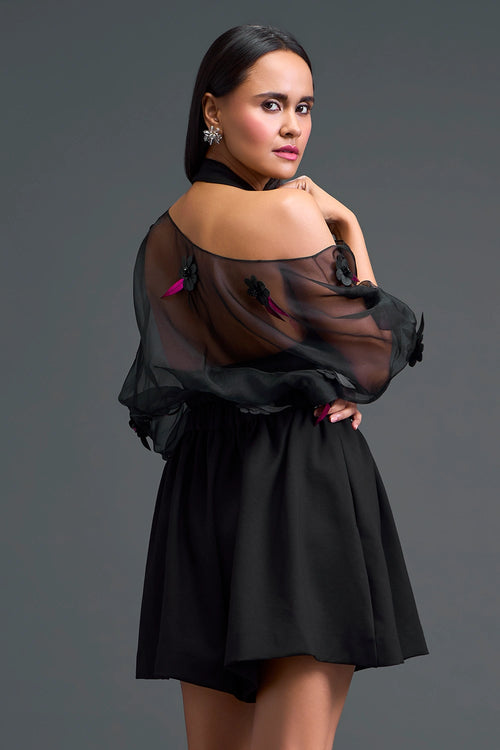 Black Off-Shoulder Floral Organza Shirt and Shorts Set