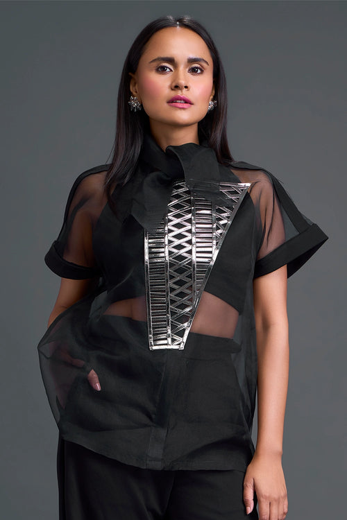 Black Halter Organza Shirt and Pants Three-Piece Set