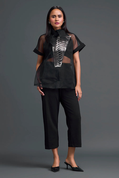Black Halter Organza Shirt and Pants Three-Piece Set