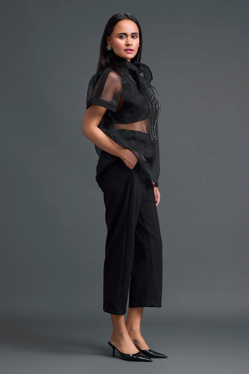 Black Halter Organza Shirt and Pants Three-Piece Set