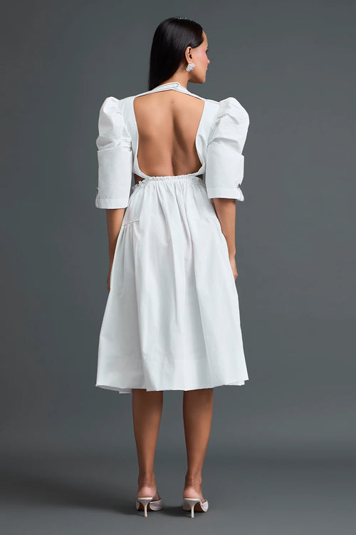 White Open-Back Floral Puff Sleeve Midi Dress